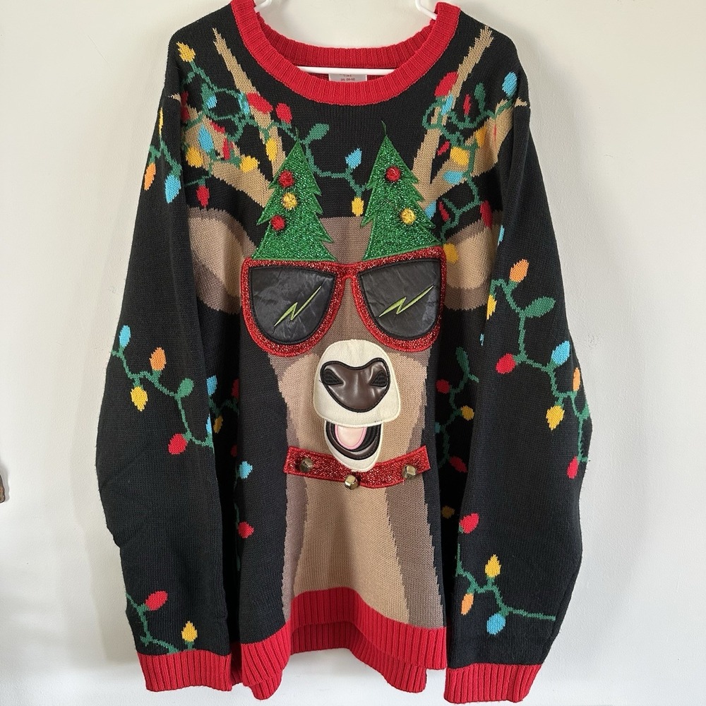 Holiday Time Ugly Christmas Sweater Men's Size 2XL 50-52 Spirit Deer Sunglasses